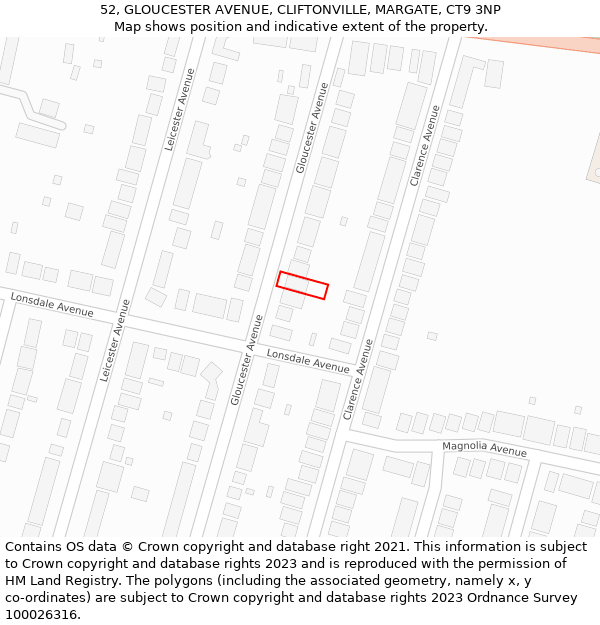 52, GLOUCESTER AVENUE, CLIFTONVILLE, MARGATE, CT9 3NP: Location map and indicative extent of plot