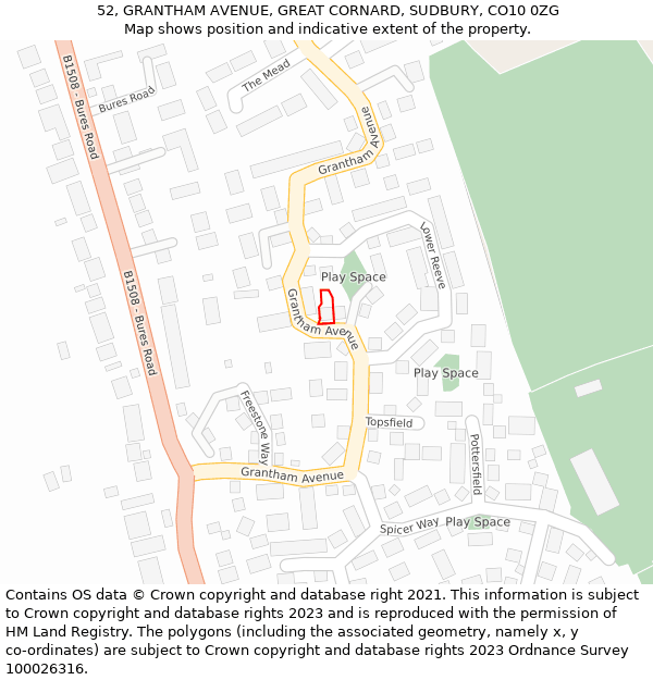 52, GRANTHAM AVENUE, GREAT CORNARD, SUDBURY, CO10 0ZG: Location map and indicative extent of plot