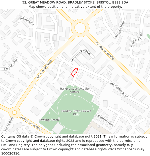 52, GREAT MEADOW ROAD, BRADLEY STOKE, BRISTOL, BS32 8DA: Location map and indicative extent of plot