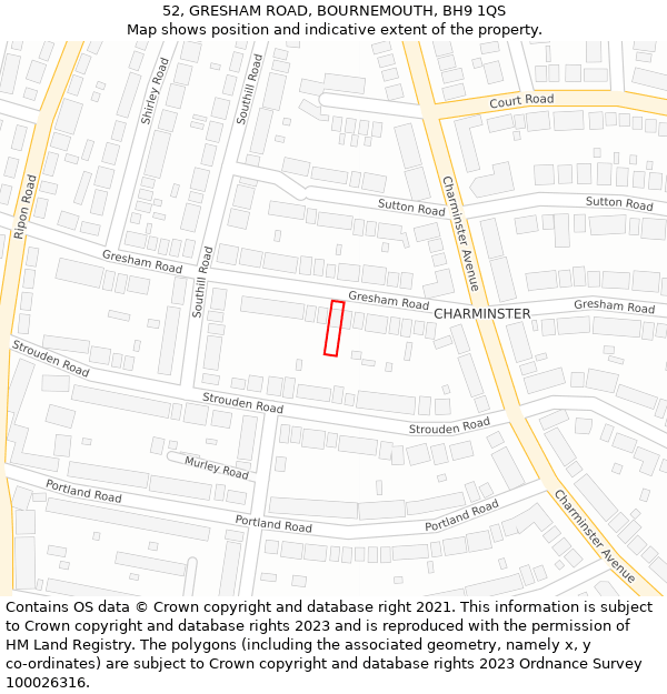 52, GRESHAM ROAD, BOURNEMOUTH, BH9 1QS: Location map and indicative extent of plot