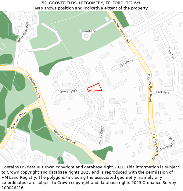 52, GROVEFIELDS, LEEGOMERY, TELFORD, TF1 6YL: Location map and indicative extent of plot