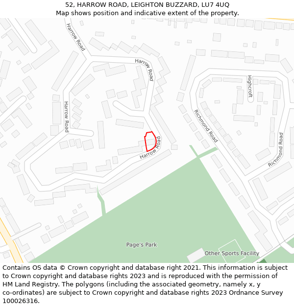 52, HARROW ROAD, LEIGHTON BUZZARD, LU7 4UQ: Location map and indicative extent of plot