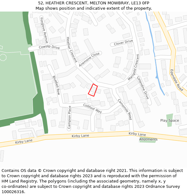 52, HEATHER CRESCENT, MELTON MOWBRAY, LE13 0FP: Location map and indicative extent of plot