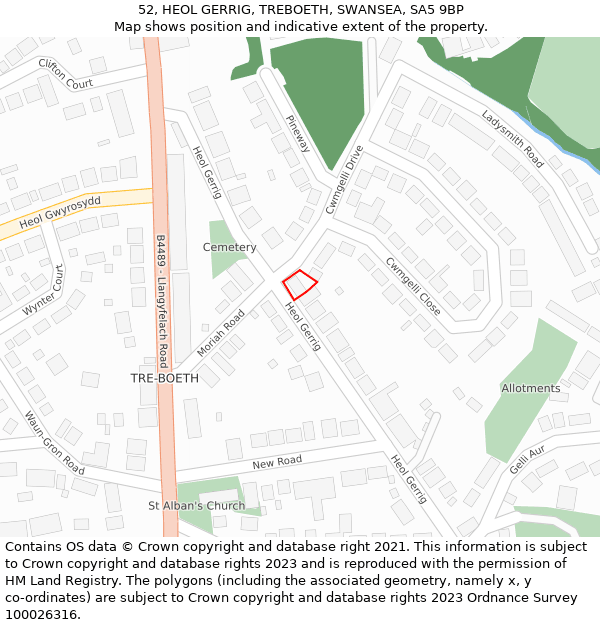 52, HEOL GERRIG, TREBOETH, SWANSEA, SA5 9BP: Location map and indicative extent of plot