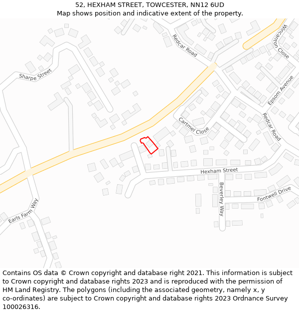 52, HEXHAM STREET, TOWCESTER, NN12 6UD: Location map and indicative extent of plot