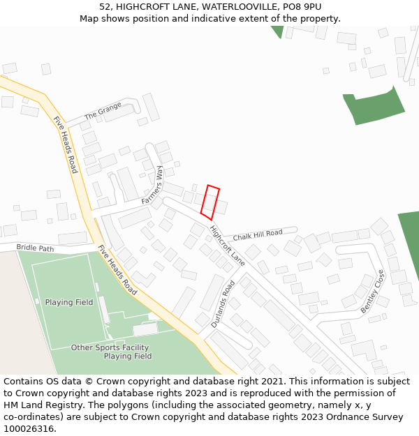 52, HIGHCROFT LANE, WATERLOOVILLE, PO8 9PU: Location map and indicative extent of plot