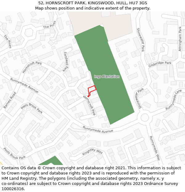 52, HORNSCROFT PARK, KINGSWOOD, HULL, HU7 3GS: Location map and indicative extent of plot