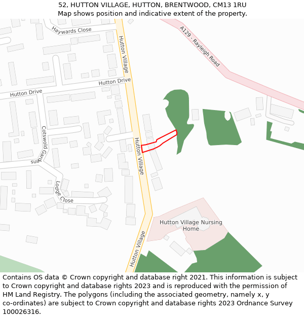 52, HUTTON VILLAGE, HUTTON, BRENTWOOD, CM13 1RU: Location map and indicative extent of plot