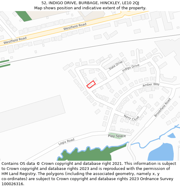 52, INDIGO DRIVE, BURBAGE, HINCKLEY, LE10 2QJ: Location map and indicative extent of plot