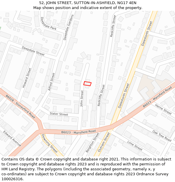 52, JOHN STREET, SUTTON-IN-ASHFIELD, NG17 4EN: Location map and indicative extent of plot