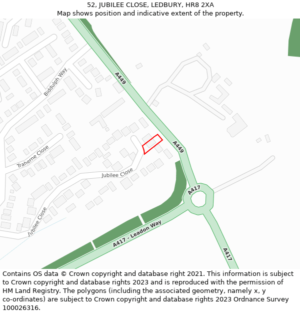 52, JUBILEE CLOSE, LEDBURY, HR8 2XA: Location map and indicative extent of plot