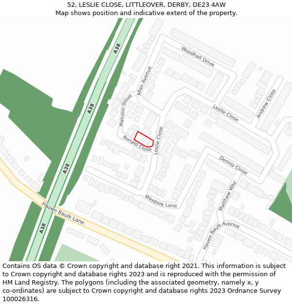 52, LESLIE CLOSE, LITTLEOVER, DERBY, DE23 4AW: Location map and indicative extent of plot