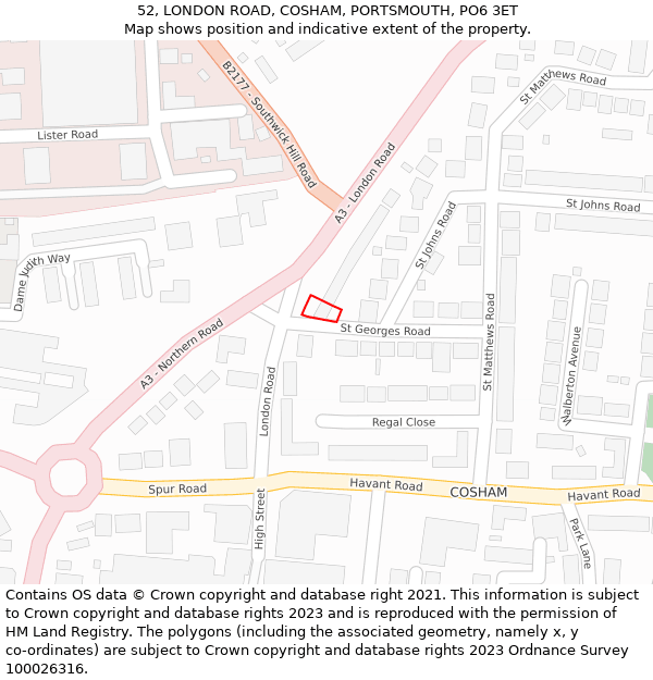 52, LONDON ROAD, COSHAM, PORTSMOUTH, PO6 3ET: Location map and indicative extent of plot