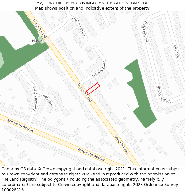 52, LONGHILL ROAD, OVINGDEAN, BRIGHTON, BN2 7BE: Location map and indicative extent of plot