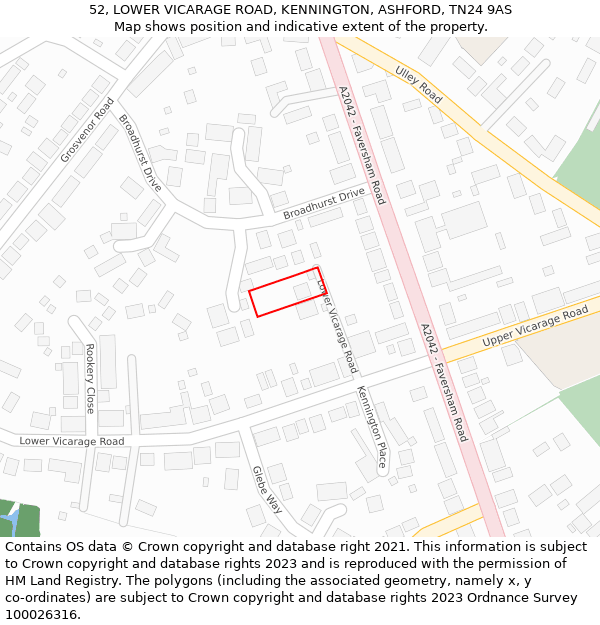 52, LOWER VICARAGE ROAD, KENNINGTON, ASHFORD, TN24 9AS: Location map and indicative extent of plot