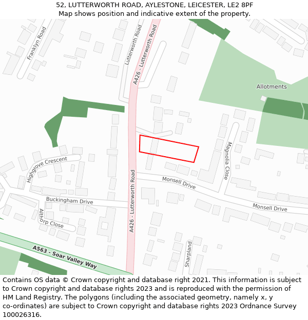 52, LUTTERWORTH ROAD, AYLESTONE, LEICESTER, LE2 8PF: Location map and indicative extent of plot