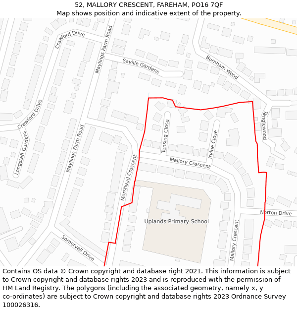 52, MALLORY CRESCENT, FAREHAM, PO16 7QF: Location map and indicative extent of plot