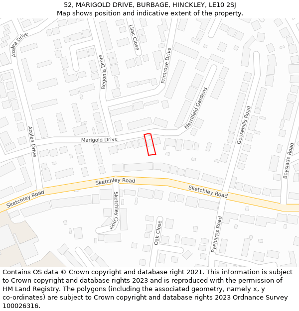 52, MARIGOLD DRIVE, BURBAGE, HINCKLEY, LE10 2SJ: Location map and indicative extent of plot