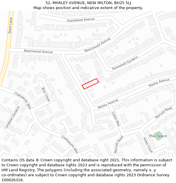 52, MARLEY AVENUE, NEW MILTON, BH25 5LJ: Location map and indicative extent of plot