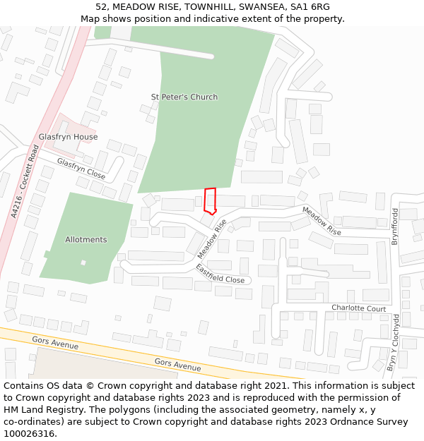 52, MEADOW RISE, TOWNHILL, SWANSEA, SA1 6RG: Location map and indicative extent of plot