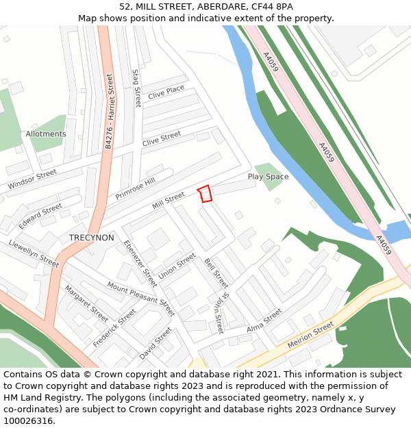 52, MILL STREET, ABERDARE, CF44 8PA: Location map and indicative extent of plot