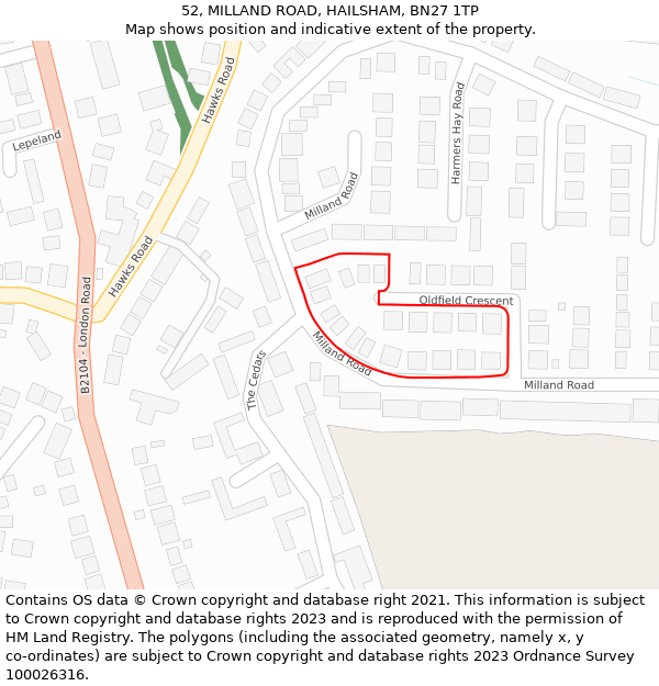 52, MILLAND ROAD, HAILSHAM, BN27 1TP: Location map and indicative extent of plot