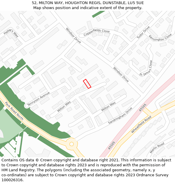 52, MILTON WAY, HOUGHTON REGIS, DUNSTABLE, LU5 5UE: Location map and indicative extent of plot