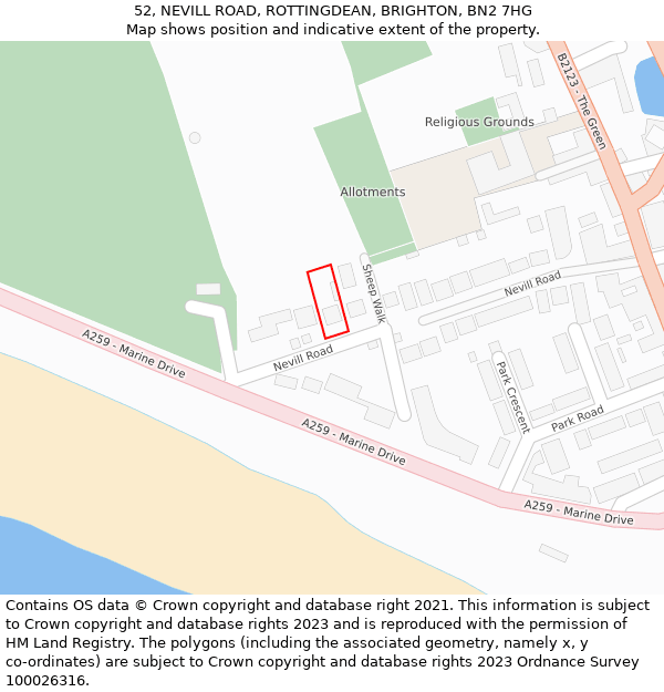 52, NEVILL ROAD, ROTTINGDEAN, BRIGHTON, BN2 7HG: Location map and indicative extent of plot