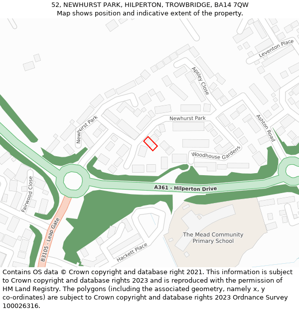 52, NEWHURST PARK, HILPERTON, TROWBRIDGE, BA14 7QW: Location map and indicative extent of plot