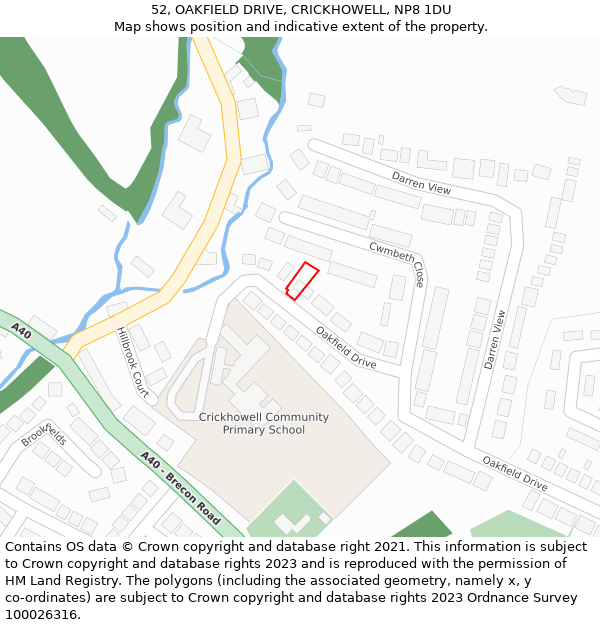 52, OAKFIELD DRIVE, CRICKHOWELL, NP8 1DU: Location map and indicative extent of plot