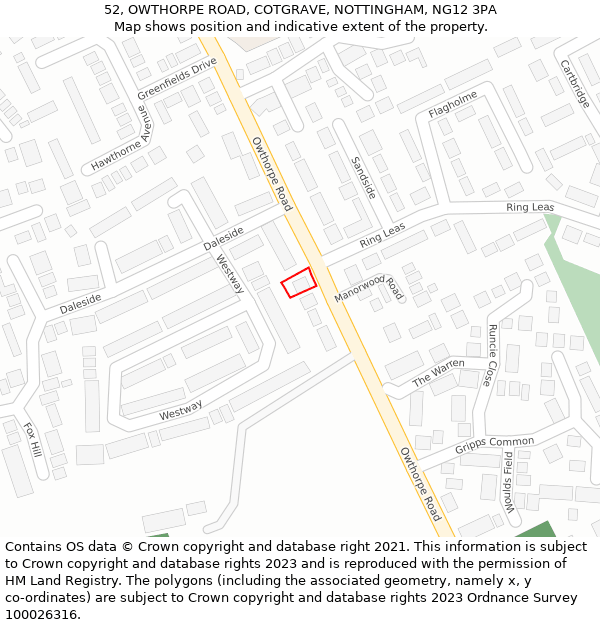 52, OWTHORPE ROAD, COTGRAVE, NOTTINGHAM, NG12 3PA: Location map and indicative extent of plot