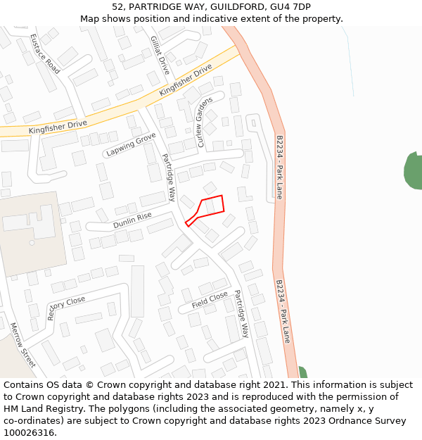 52, PARTRIDGE WAY, GUILDFORD, GU4 7DP: Location map and indicative extent of plot