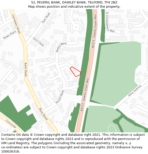 52, PEVERIL BANK, DAWLEY BANK, TELFORD, TF4 2BZ: Location map and indicative extent of plot