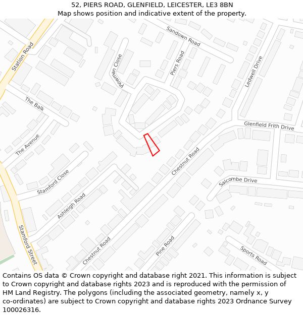 52, PIERS ROAD, GLENFIELD, LEICESTER, LE3 8BN: Location map and indicative extent of plot
