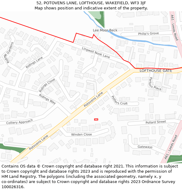 52, POTOVENS LANE, LOFTHOUSE, WAKEFIELD, WF3 3JF: Location map and indicative extent of plot