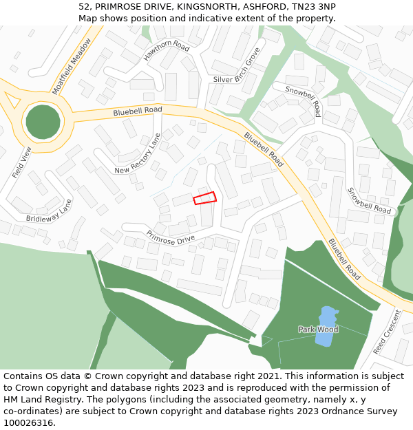 52, PRIMROSE DRIVE, KINGSNORTH, ASHFORD, TN23 3NP: Location map and indicative extent of plot