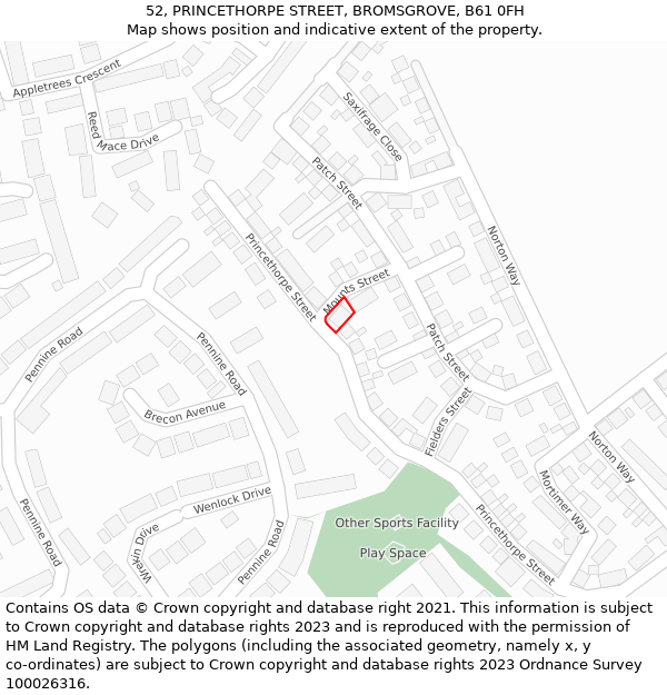 52, PRINCETHORPE STREET, BROMSGROVE, B61 0FH: Location map and indicative extent of plot