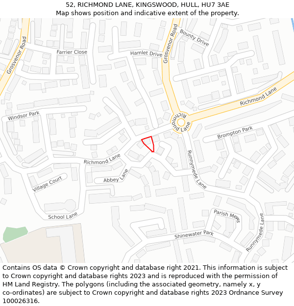 52, RICHMOND LANE, KINGSWOOD, HULL, HU7 3AE: Location map and indicative extent of plot