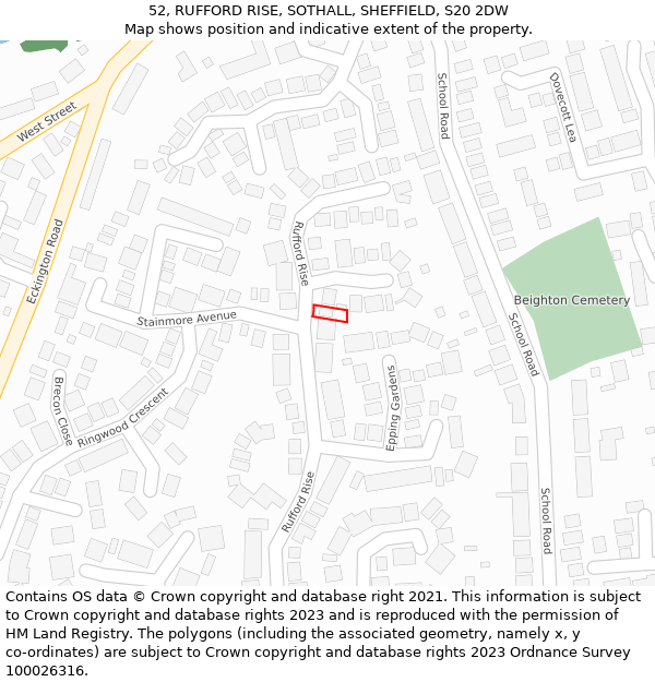52, RUFFORD RISE, SOTHALL, SHEFFIELD, S20 2DW: Location map and indicative extent of plot