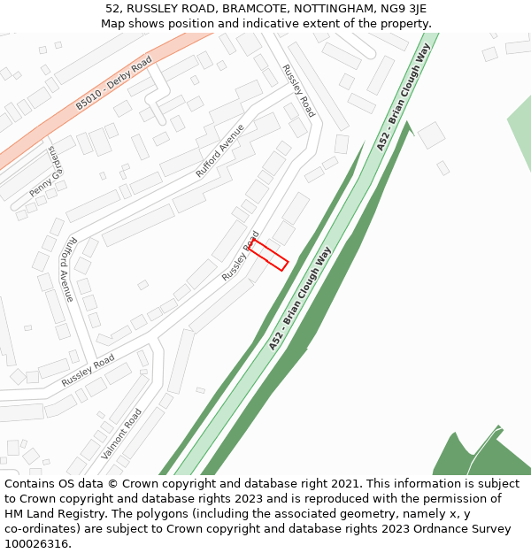 52, RUSSLEY ROAD, BRAMCOTE, NOTTINGHAM, NG9 3JE: Location map and indicative extent of plot