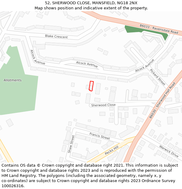 52, SHERWOOD CLOSE, MANSFIELD, NG18 2NX: Location map and indicative extent of plot