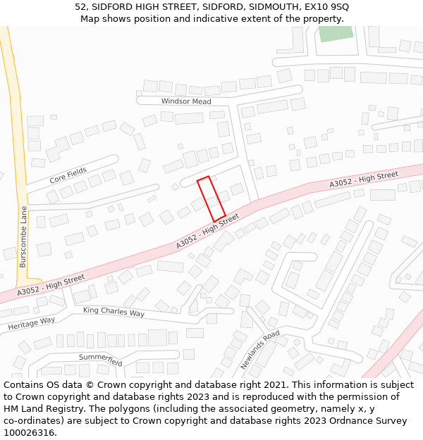 52, SIDFORD HIGH STREET, SIDFORD, SIDMOUTH, EX10 9SQ: Location map and indicative extent of plot