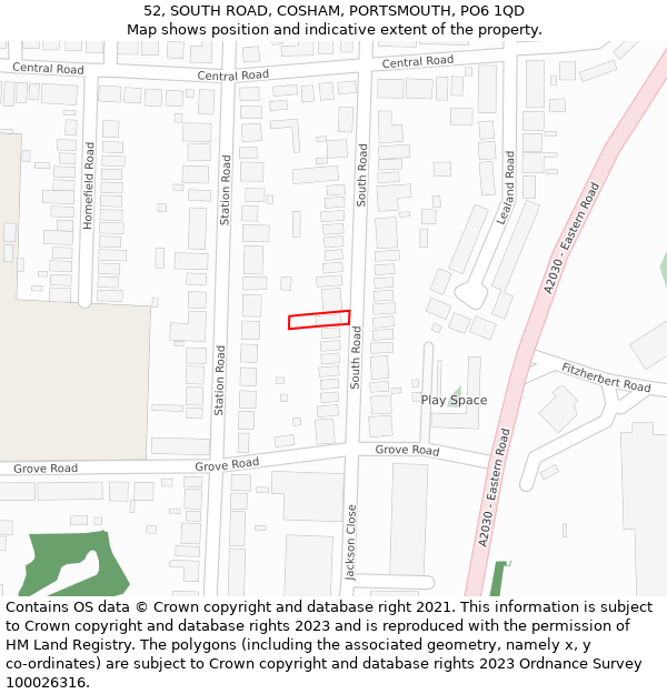 52, SOUTH ROAD, COSHAM, PORTSMOUTH, PO6 1QD: Location map and indicative extent of plot