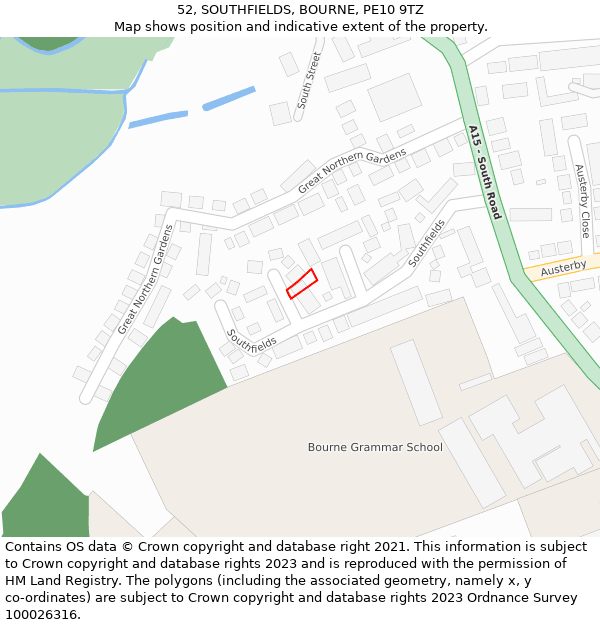 52, SOUTHFIELDS, BOURNE, PE10 9TZ: Location map and indicative extent of plot