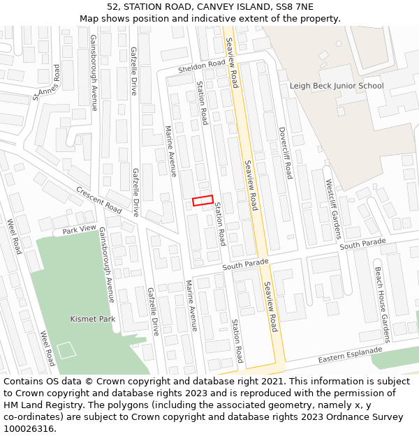 52, STATION ROAD, CANVEY ISLAND, SS8 7NE: Location map and indicative extent of plot