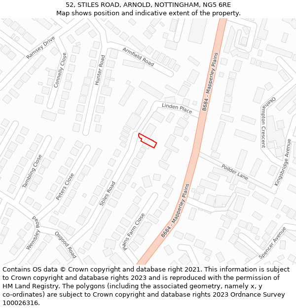 52, STILES ROAD, ARNOLD, NOTTINGHAM, NG5 6RE: Location map and indicative extent of plot