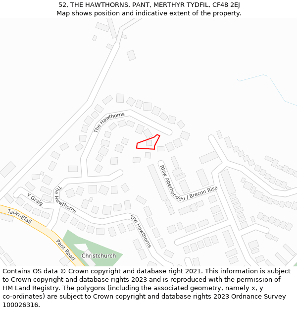 52, THE HAWTHORNS, PANT, MERTHYR TYDFIL, CF48 2EJ: Location map and indicative extent of plot