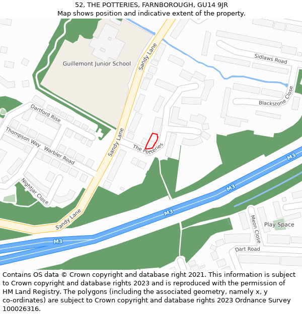 52, THE POTTERIES, FARNBOROUGH, GU14 9JR: Location map and indicative extent of plot