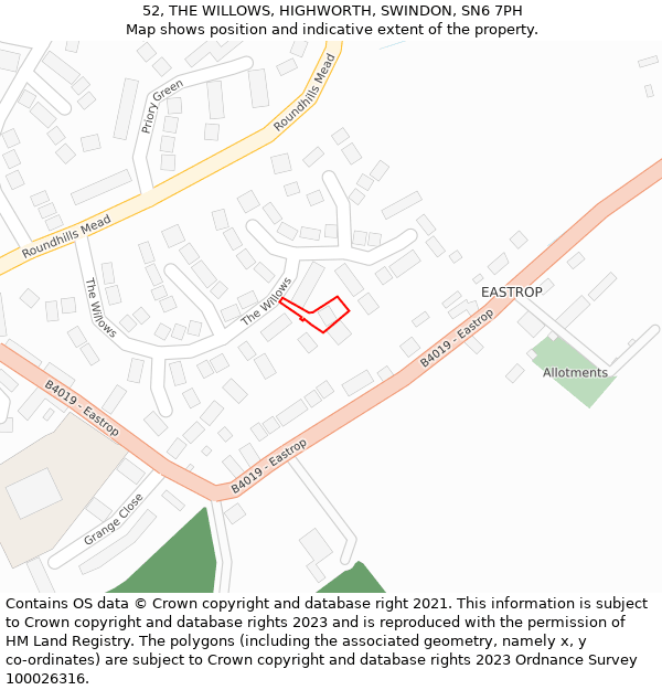 52, THE WILLOWS, HIGHWORTH, SWINDON, SN6 7PH: Location map and indicative extent of plot