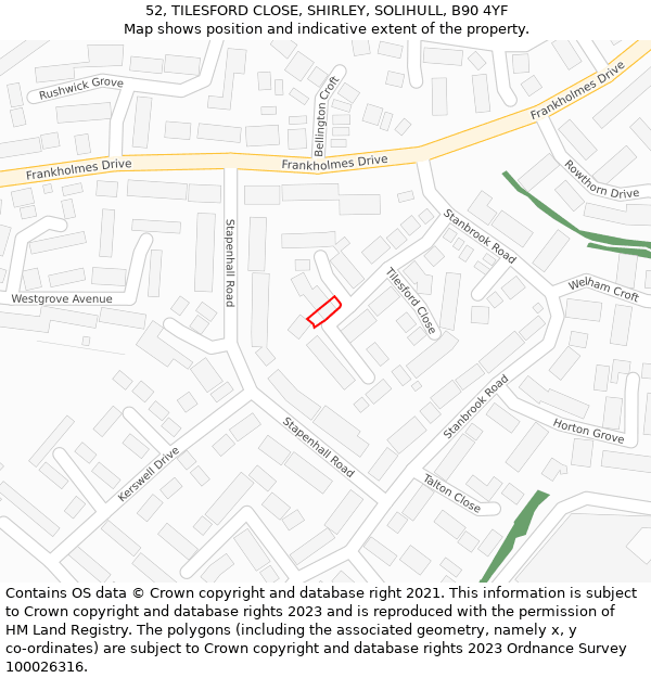 52, TILESFORD CLOSE, SHIRLEY, SOLIHULL, B90 4YF: Location map and indicative extent of plot